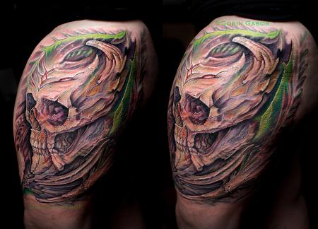 Realistic custom color bio organic skull mech thigh tattoo Tattoo Design Thumbnail